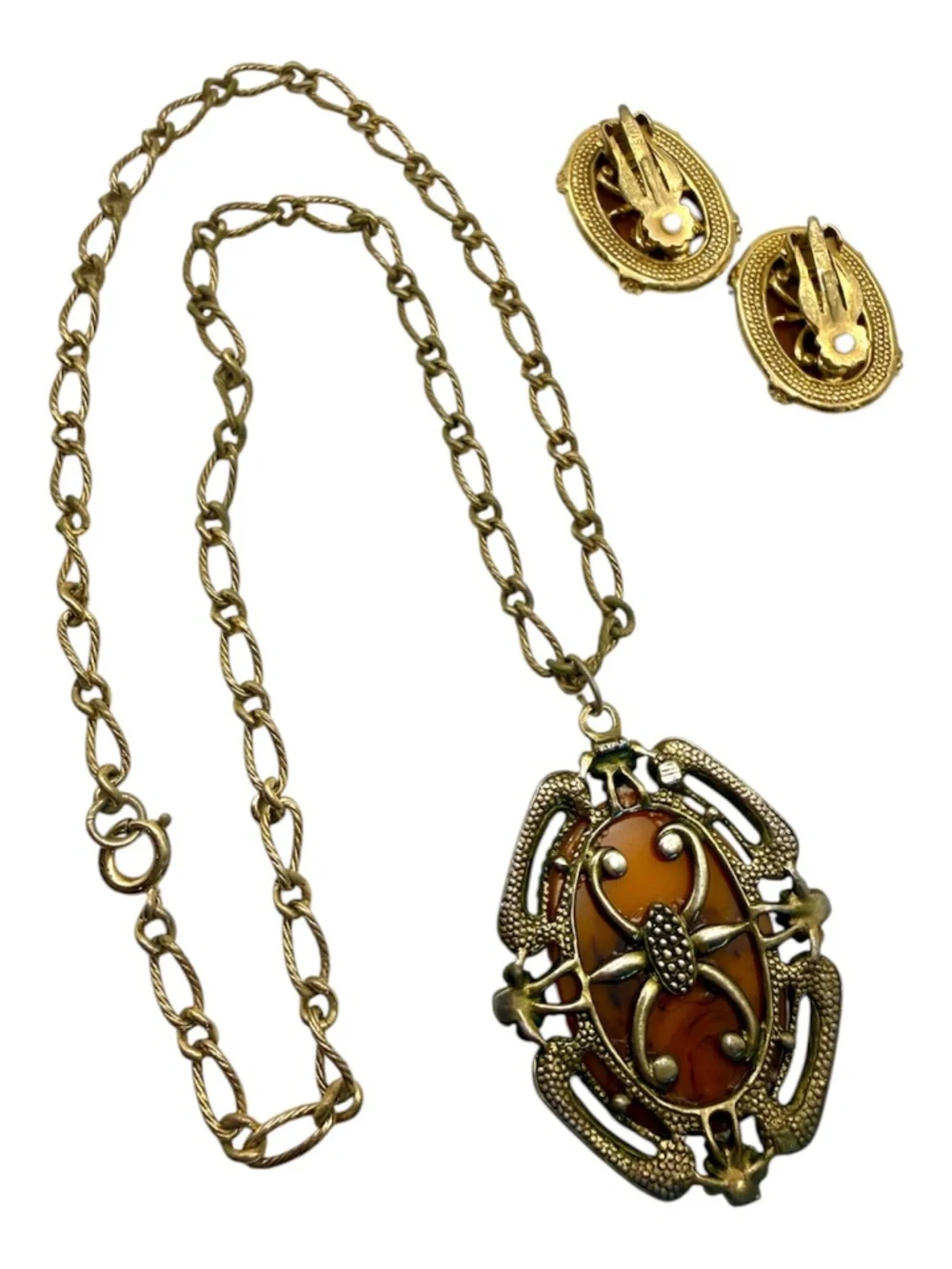 Vintage STAR Demi Parure Set Tortoiseshell Amber Pendant Necklace Clip Earrings